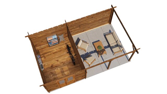 Trädgårdshus Trelleborg - 7x4m (28 kvm) - Brun Tryckimpregnerat – 3D-vy ovanifrån av interiören med hyllor och verktyg.