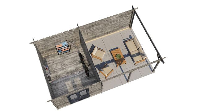 Trädgårdshus Trelleborg - 7x4m (28 kvm) - Grå Tryckimpregnerat – 3D-vy ovanifrån av interiören med hyllor och verktyg.