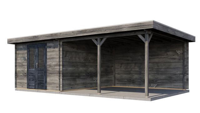 Trädgårdshus Trelleborg - 7x4m (28 kvm) - Grå Tryckimpregnerat – Sned bakifrån vy som visar förrådets trästruktur och kompakta form.