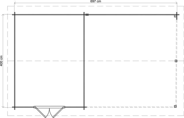 Trädgårdshus Kristinehamn - 7x4m (28 kvm) - Grå Tryckimpregnerat – Teknisk ritning uppifrån som visar yttermått.