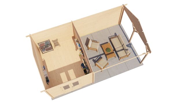 Trädgårdshus Kristinehamn - 7x4m (28 kvm) - Obehandlat – 3D-vy av interiör med förvaring.