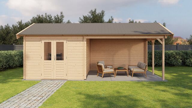 Trädgårdshus Kristinehamn - 7x4m (28 kvm) - Obehandlat – Vy från sidan med stängd dörr.