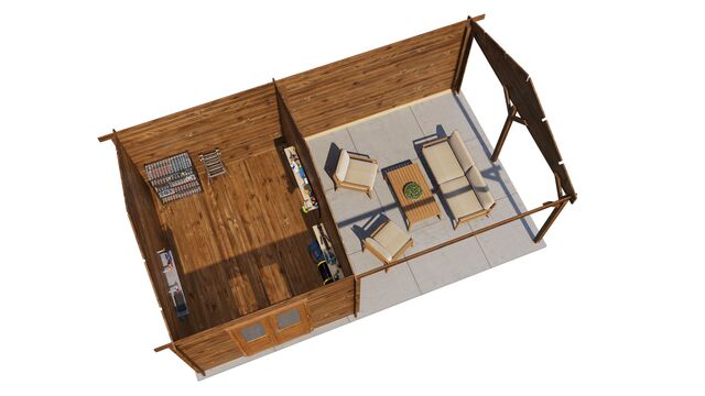 Trädgårdshus Kristinehamn - 7x4m (28 kvm) - Brun Tryckimpregnerat – 3D-vy ovanifrån av interiören med hyllor och verktyg.