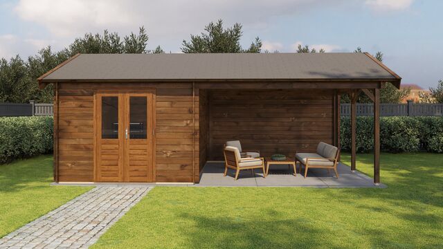 Trädgårdshus Kristinehamn - 7x4m (28 kvm) - Brun Tryckimpregnerat – Sidovy med stängt fönster och tydlig träpanel.