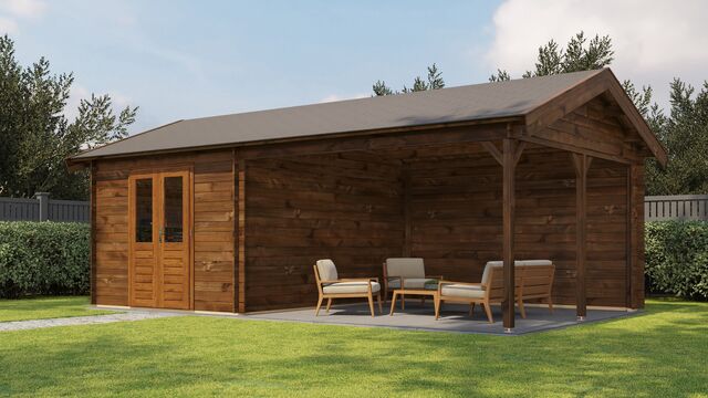 Trädgårdshus Kristinehamn - 7x4m (28 kvm) - Brun Tryckimpregnerat – Sned sidovy som visar fönstrets placering och bakre vägg.