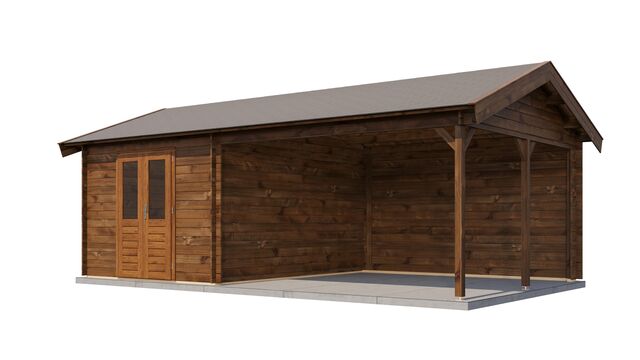 Trädgårdshus Kristinehamn - 7x4m (28 kvm) - Brun Tryckimpregnerat – Sned bakifrån vy som visar förrådets trästruktur och kompakta form.