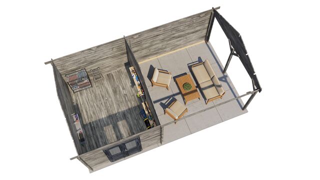 Trädgårdshus Kristinehamn - 7x4m (28 kvm) - Grå Tryckimpregnerat – 3D-vy ovanifrån av interiören med hyllor och verktyg.