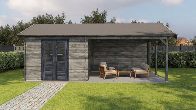 Trädgårdshus Kristinehamn - 7x4m (28 kvm) - Grå Tryckimpregnerat – Sidovy med stängt fönster och tydlig träpanel.