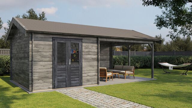 Trädgårdshus Kristinehamn - 7x4m (28 kvm) - Grå Tryckimpregnerat – Rakt framifrån fasadvy med dörr och fönster i stängt läge.