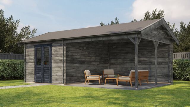 Trädgårdshus Kristinehamn - 7x4m (28 kvm) - Grå Tryckimpregnerat – Sned sidovy som visar fönstrets placering och bakre vägg.