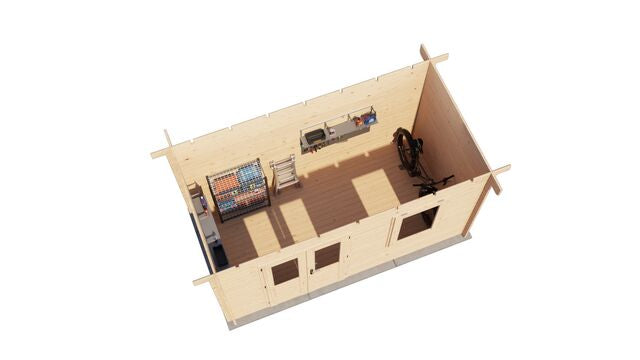 Förråd Nyköping - 4x2m (8 kvm) - Obehandlat – 3D-vy av interiör med förvaring.