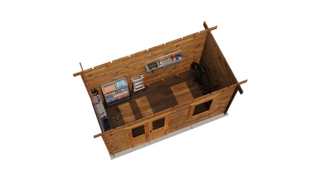 Förråd Nyköping - 4x2m (8 kvm) - Brun Tryckimpregnerat – 3D-vy ovanifrån av interiören med hyllor och verktyg.