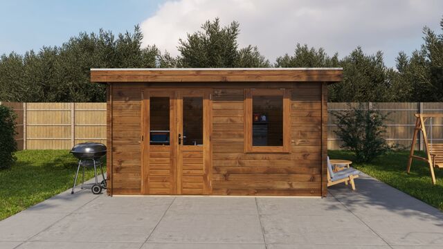 Förråd Nyköping - 4x2m (8 kvm) - Brun Tryckimpregnerat – Sidovy med stängt fönster och tydlig träpanel.