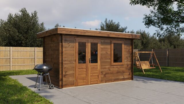 Förråd Nyköping - 4x2m (8 kvm) - Brun Tryckimpregnerat – Rakt framifrån fasadvy med dörr och fönster i stängt läge.