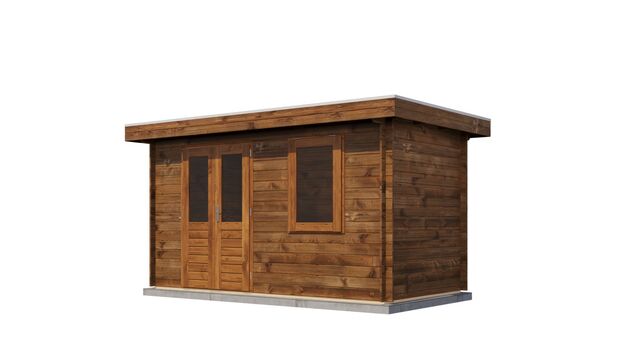 Förråd Nyköping - 4x2m (8 kvm) - Brun Tryckimpregnerat – Sned bakifrån vy som visar förrådets trästruktur och kompakta form.