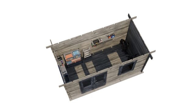 Förråd Nyköping - 4x2m (8 kvm) - Grå Tryckimpregnerat – 3D-vy ovanifrån av interiören med hyllor och verktyg.