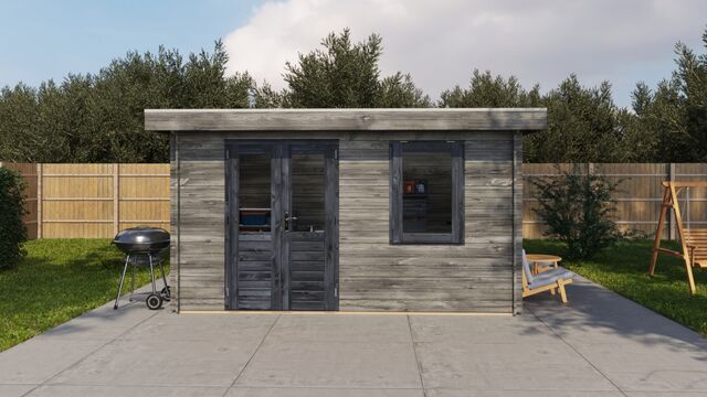 Förråd Nyköping - 4x2m (8 kvm) - Grå Tryckimpregnerat – Sidovy med stängt fönster och tydlig träpanel.