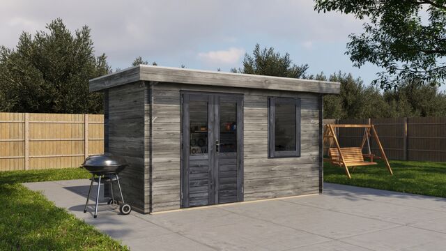 Förråd Nyköping - 4x2m (8 kvm) - Grå Tryckimpregnerat – Rakt framifrån fasadvy med dörr och fönster i stängt läge.