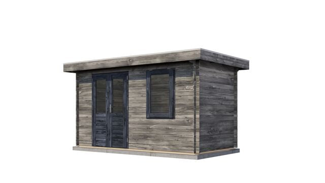 Förråd Nyköping - 4x2m (8 kvm) - Grå Tryckimpregnerat – Sned bakifrån vy som visar förrådets trästruktur och kompakta form.