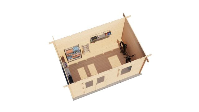 Förråd Ystad - 4x2,5m (10 kvm) - Obehandlat – 3D-vy av interiör med förvaring.