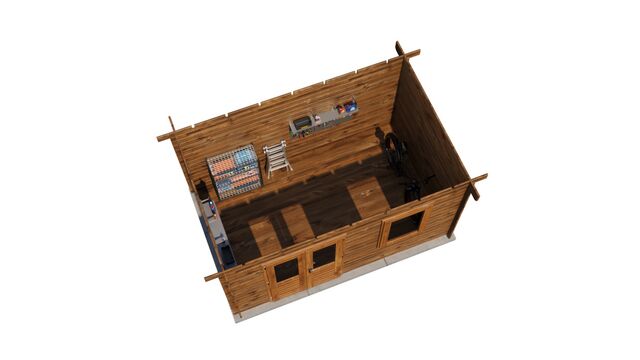 Förråd Ystad - 4x2,5m (10 kvm) - Brun Tryckimpregnerat – 3D-vy ovanifrån av interiören med hyllor och verktyg.