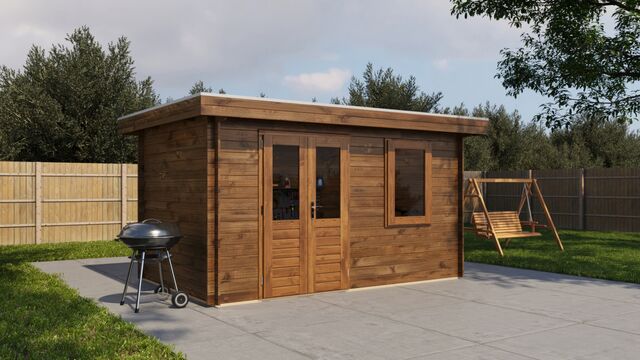 Förråd Ystad - 4x2,5m (10 kvm) - Brun Tryckimpregnerat – Rakt framifrån fasadvy med dörr och fönster i stängt läge.