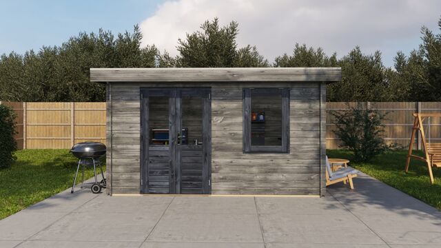 Förråd Ystad - 4x2,5m (10 kvm) - Grå Tryckimpregnerat – Sidovy med stängt fönster och tydlig träpanel.