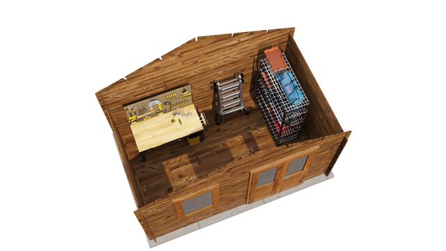 Förråd Simrishamn - 4x2,5m (10 kvm) - Brun Tryckimpregnerat – 3D-vy ovanifrån av interiören med hyllor och verktyg.