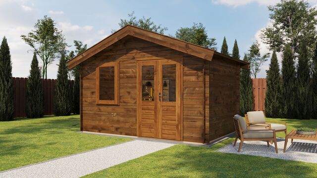 Förråd Simrishamn - 4x2,5m (10 kvm) - Brun Tryckimpregnerat – Rakt framifrån fasadvy med dörr och fönster i stängt läge.