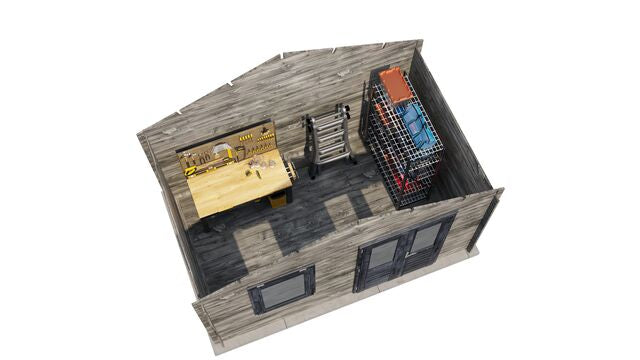 Förråd Simrishamn - 4x2,5m (10 kvm) - Grå Tryckimpregnerat – 3D-vy ovanifrån av interiören med hyllor och verktyg.
