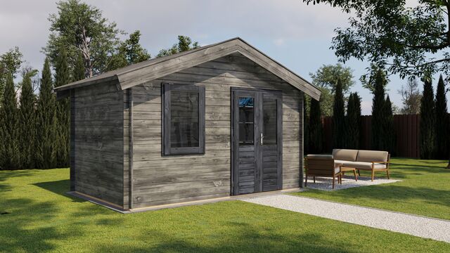 Förråd Simrishamn - 4x2,5m (10 kvm) - Grå Tryckimpregnerat – Rakt framifrån fasadvy med dörr och fönster i stängt läge.