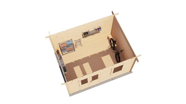 Förråd Alingsås - 4x3m (12 kvm) - Obehandlat – 3D-vy av interiör med förvaring.