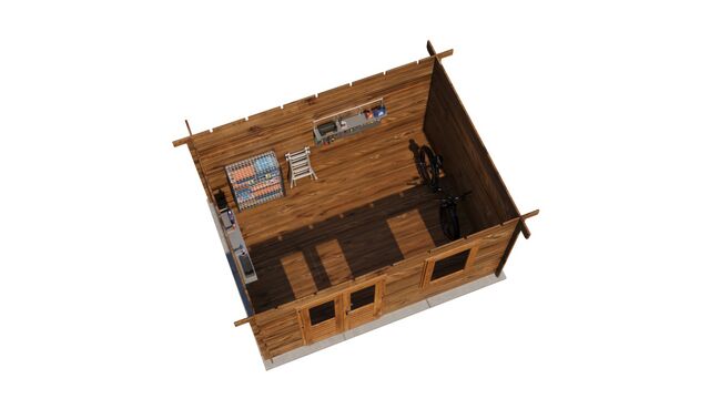 Förråd Alingsås - 4x3m (12 kvm) - Brun Tryckimpregnerat – 3D-vy ovanifrån av interiören med hyllor och verktyg.