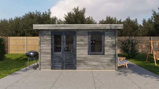Förråd Alingsås - 4x3m (12 kvm) - Grå Tryckimpregnerat – Sidovy med stängt fönster och tydlig träpanel.
