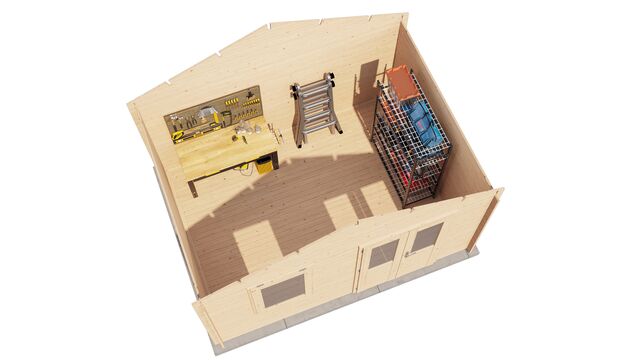 Förråd Bollnäs - 4x3m (12 kvm) - Obehandlat – 3D-vy av interiör med förvaring.