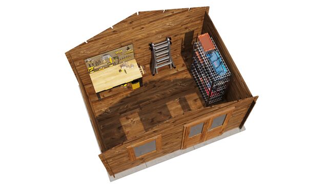 Förråd Bollnäs - 4x3m (12 kvm) - Brun Tryckimpregnerat – 3D-vy ovanifrån av interiören med hyllor och verktyg.