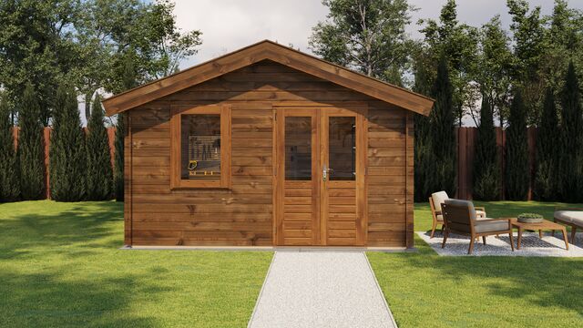 Förråd Bollnäs - 4x3m (12 kvm) - Brun Tryckimpregnerat – Sidovy med stängt fönster och tydlig träpanel.