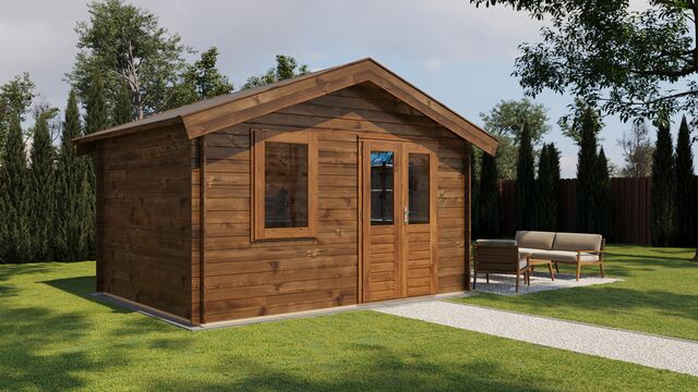 Förråd Bollnäs - 4x3m (12 kvm) - Brun Tryckimpregnerat – Rakt framifrån fasadvy med dörr och fönster i stängt läge.