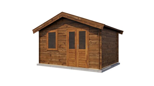 Förråd Bollnäs - 4x3m (12 kvm) - Brun Tryckimpregnerat – Sned bakifrån vy som visar förrådets trästruktur och kompakta form.