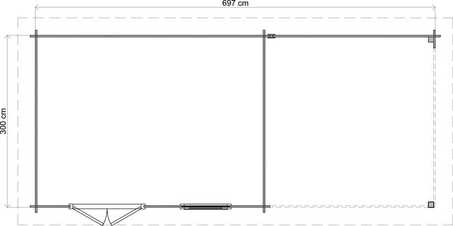 Trädgårdshus Vänersborg - 7x3m (21 kvm) - Obehandlat – Teknisk ritning som visar yttermått och form.