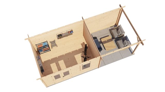 Trädgårdshus Vänersborg - 7x3m (21 kvm) - Obehandlat – 3D-vy av interiör med förvaring.