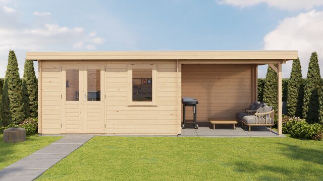 Trädgårdshus Vänersborg - 7x3m (21 kvm) - Obehandlat – Vy från sidan med stängd dörr.