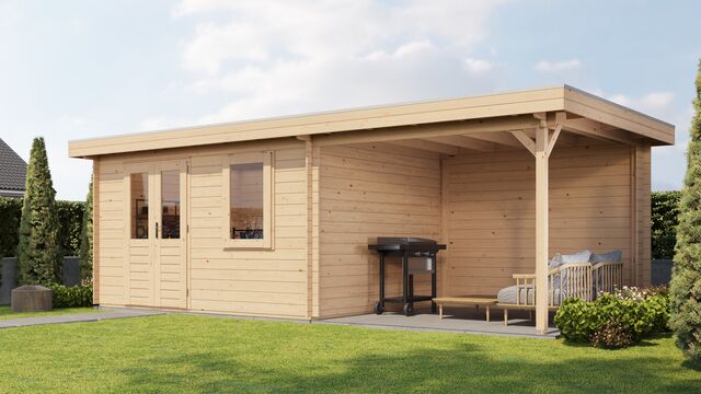 Trädgårdshus Vänersborg - 7x3m (21 kvm) - Obehandlat – Bakifrån vy som visar tak och bakvägg.