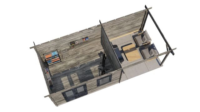 Trädgårdshus Vänersborg - 7x3m (21 kvm) - Grå Tryckimpregnerat – 3D-vy ovanifrån av interiören med hyllor och verktyg.