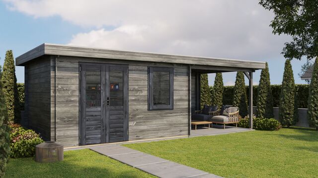 Trädgårdshus Vänersborg - 7x3m (21 kvm) - Grå Tryckimpregnerat – Rakt framifrån fasadvy med dörr och fönster i stängt läge.
