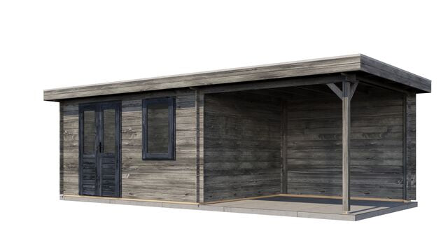 Trädgårdshus Vänersborg - 7x3m (21 kvm) - Grå Tryckimpregnerat – Sned bakifrån vy som visar förrådets trästruktur och kompakta form.