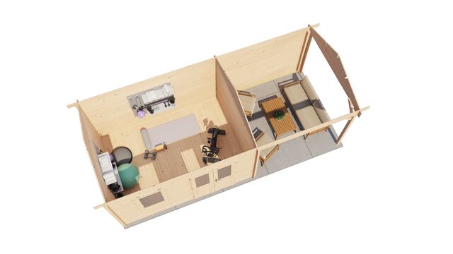 Trädgårdshus Köping - 7x3m (21 kvm) - Obehandlat – 3D-vy av interiör med förvaring.