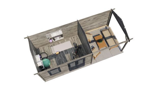 Trädgårdshus Köping - 7x3m (21 kvm) - Grå Tryckimpregnerat – 3D-vy ovanifrån av interiören med hyllor och verktyg.