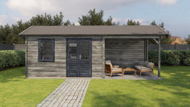 Trädgårdshus Köping - 7x3m (21 kvm) - Grå Tryckimpregnerat – Sidovy med stängt fönster och tydlig träpanel.
