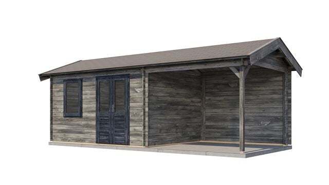 Trädgårdshus Köping - 7x3m (21 kvm) - Grå Tryckimpregnerat – Sned bakifrån vy som visar förrådets trästruktur och kompakta form.